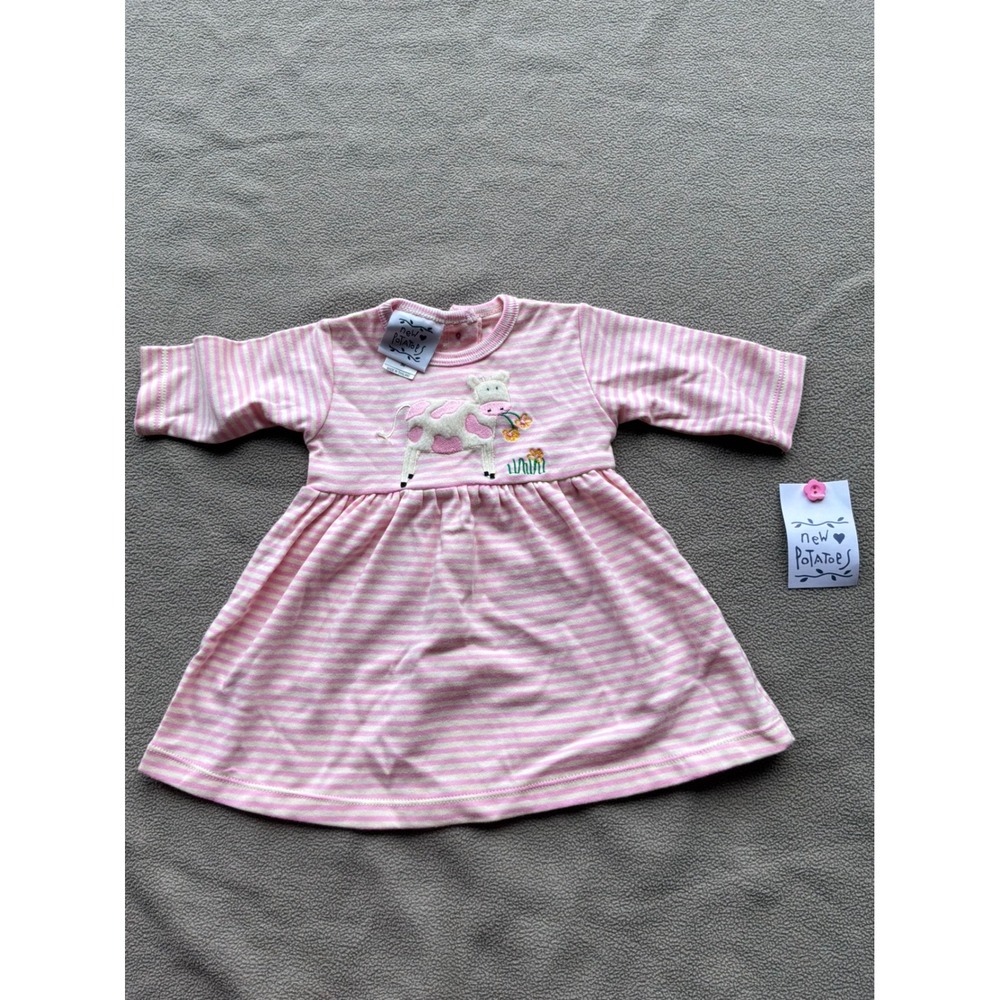 Cottagecore Baby Girl New Potatoes Cow Embroidered Striped Dress 3M Pink White